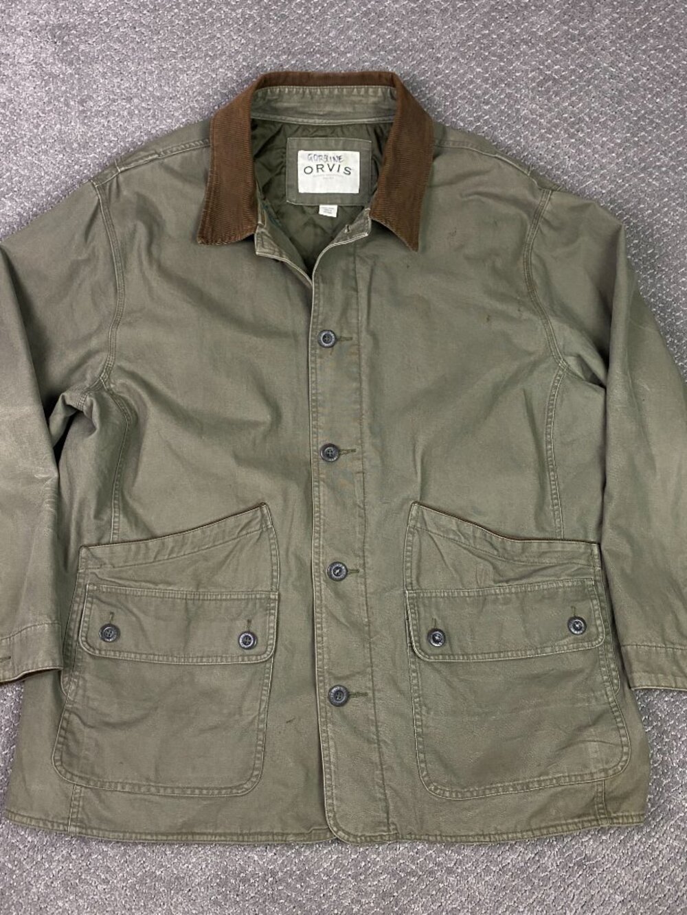 Orvis Chore Jacket Mens XXL Olive Green Canvas Barn Field Corduroy Collar Cotton